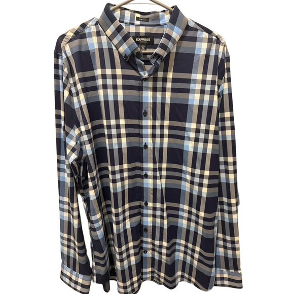 Express Other - Express Men's Navy and Light Blue Checkered Shirt - Extra Slim XL